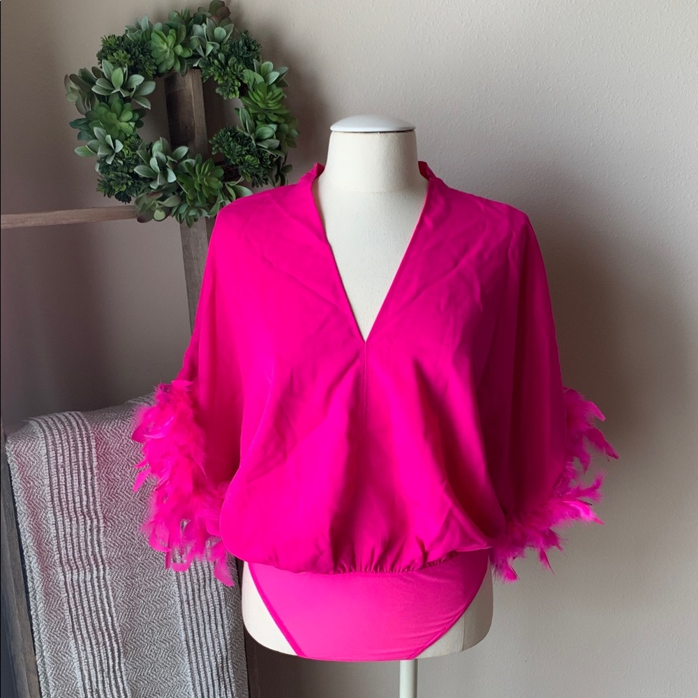 entro hot fuchsia bodysuit with feather sleeve